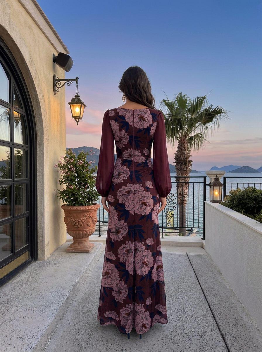 Burgundy Base Peony Boat Neck Puff Long Sleeve Ruched Slit Floor Length Maxi Dress