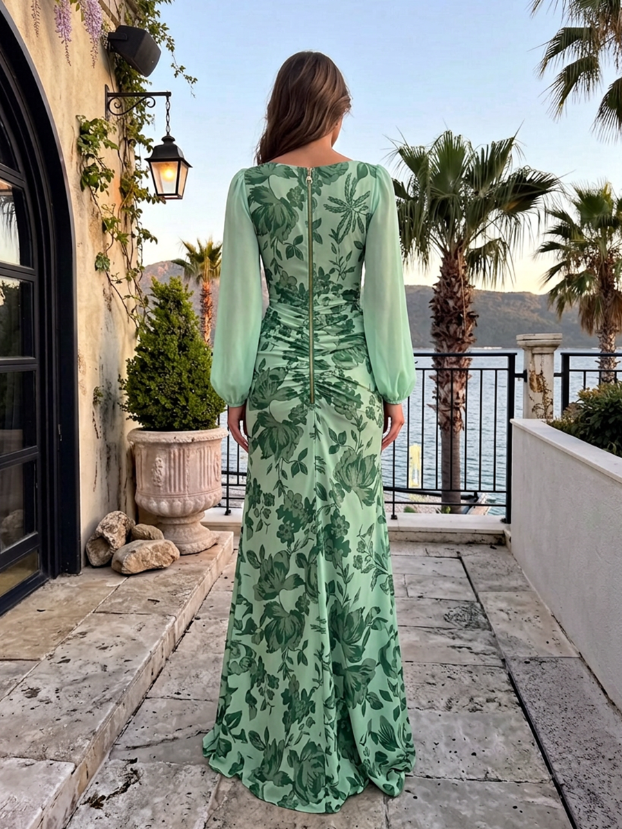 Round Neck Long Sleeve Ruched Floral Print Floor-Length Chiffon Gown