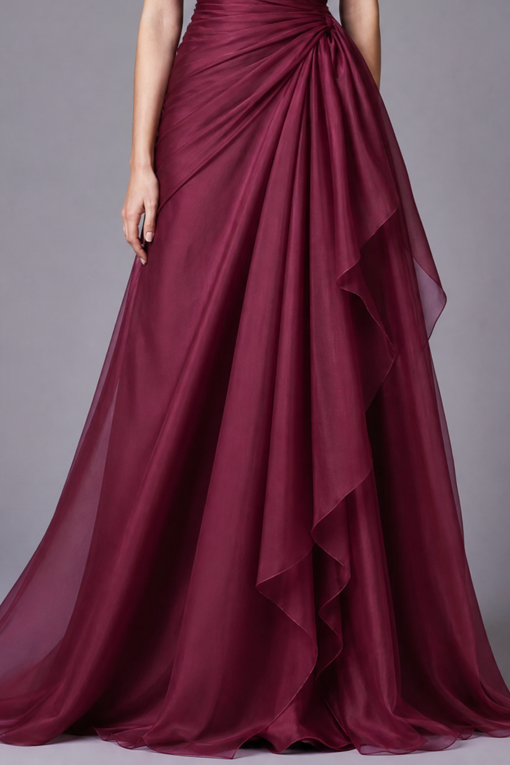 Wine Red Organza Sleeveless V neck Draped Cinched-Waist Maxi Dress