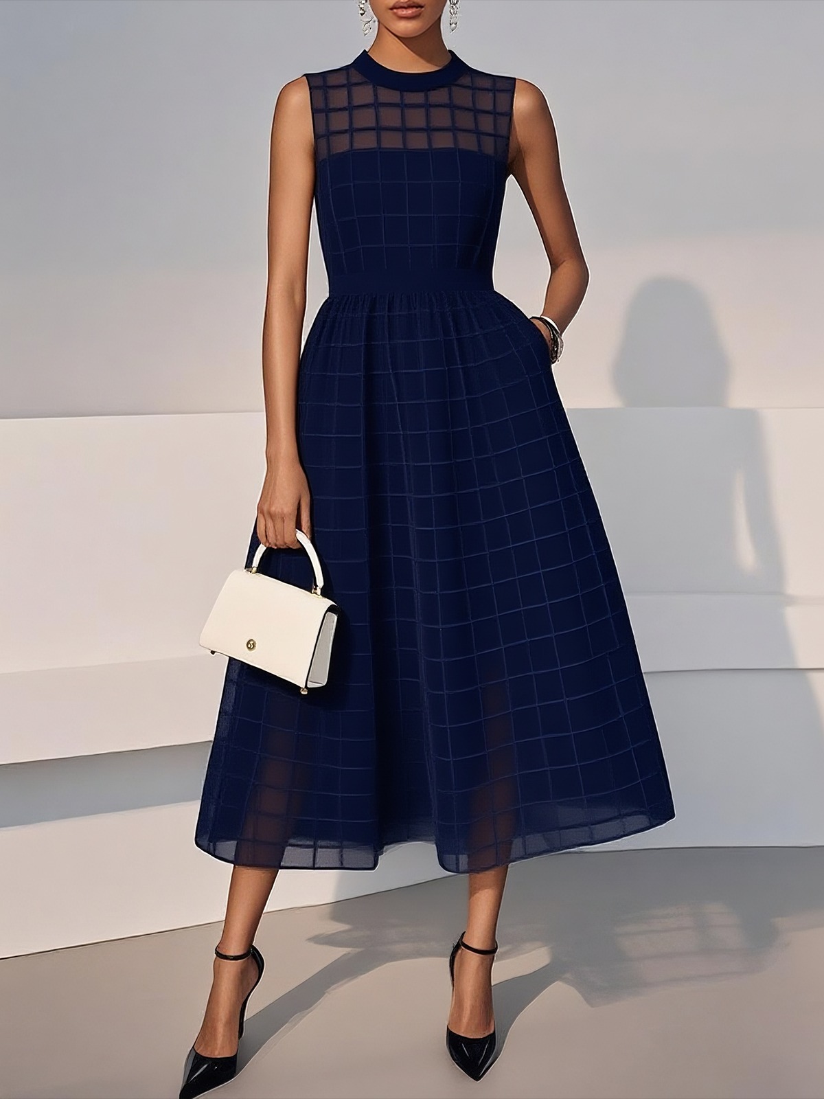 Black Organza Mesh Plaid Classic Crew Neck Sleeveless A-Line Midi Dress