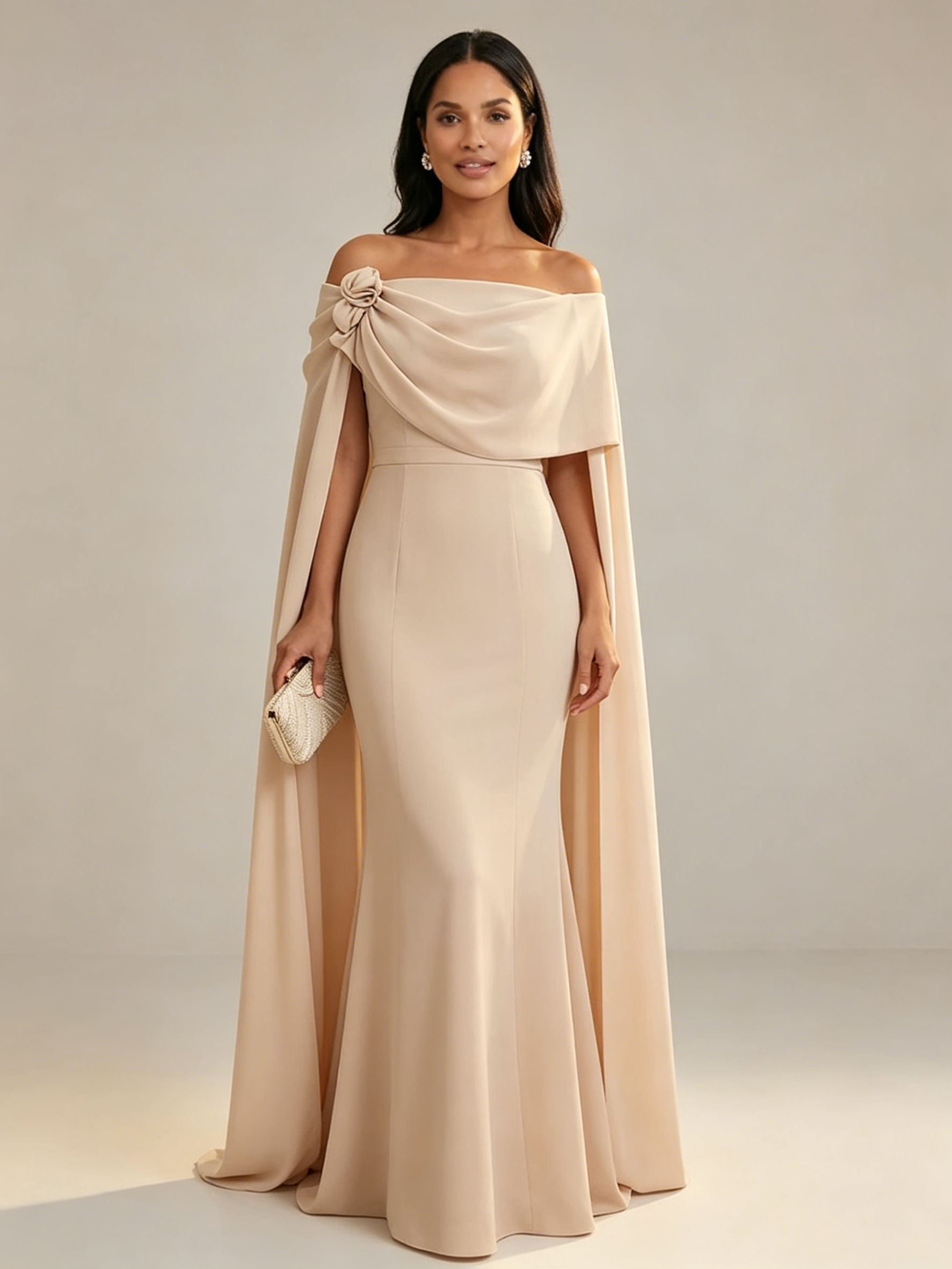 A-Line Chiffon Off-Shoulder Drape Floor-Length Mother of the Bride Dresses with Applique