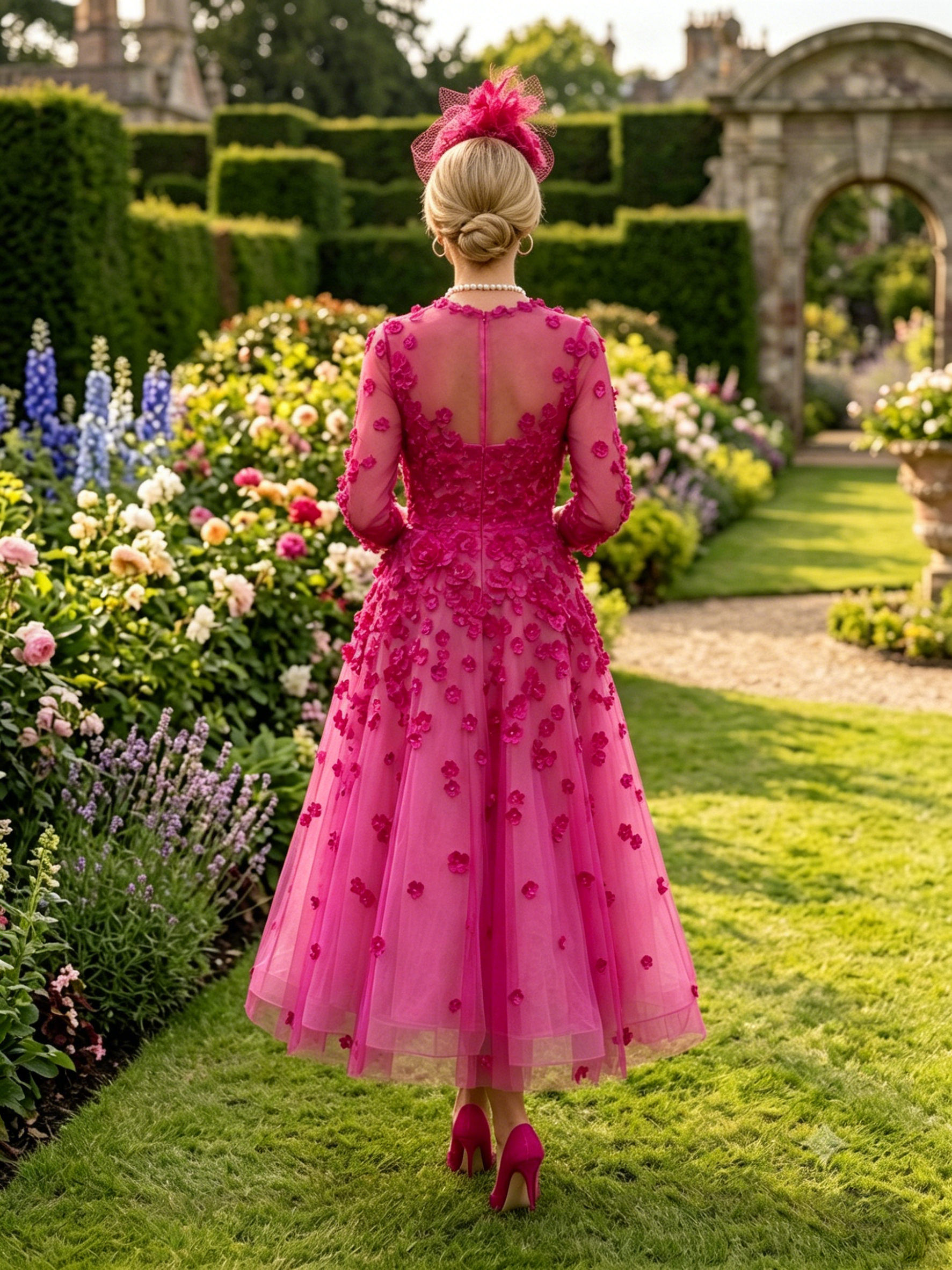 Enchanting 3D Floral Appliqué Illusion Tea-Length Occasion Gown
