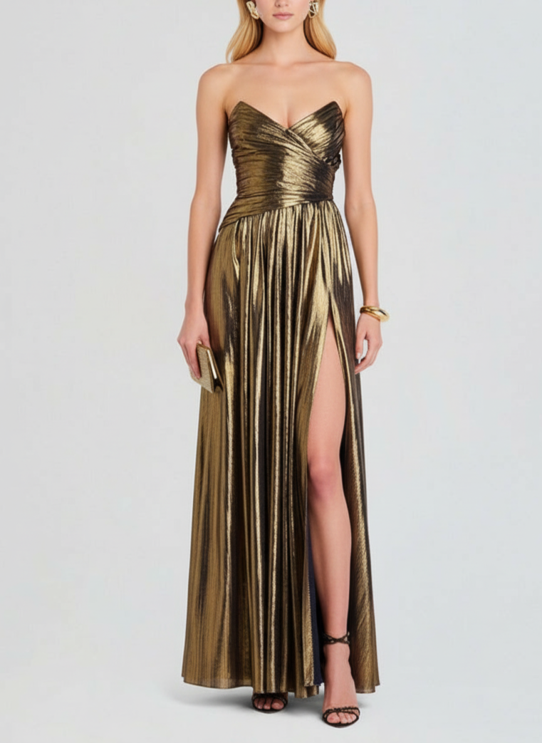 Antique Gold Strapless Evening Gown with Side Slit