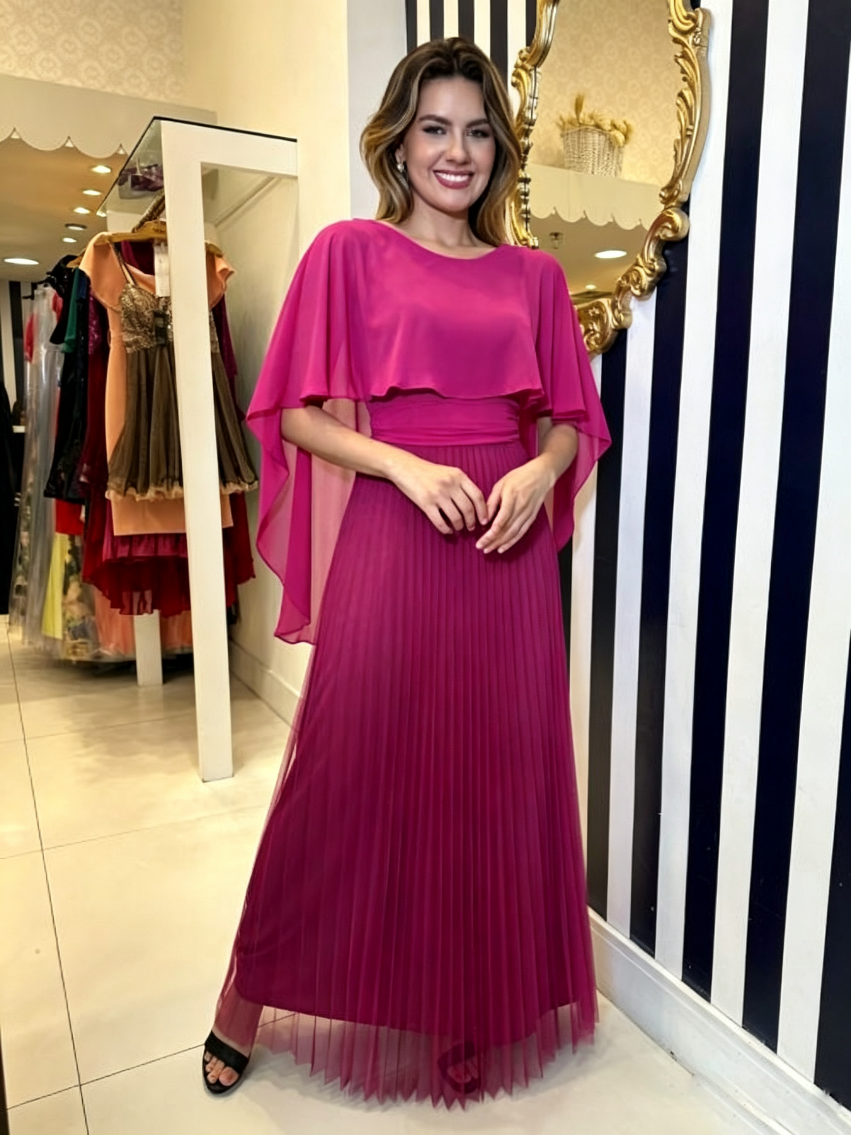 Ethereal Cape-Overlay Pleated Evening Gown