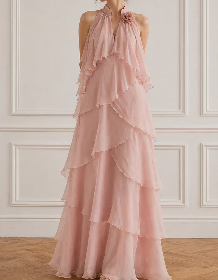 Flesh Pink Chiffon Halter Tiered Ruffle Maxi Dress