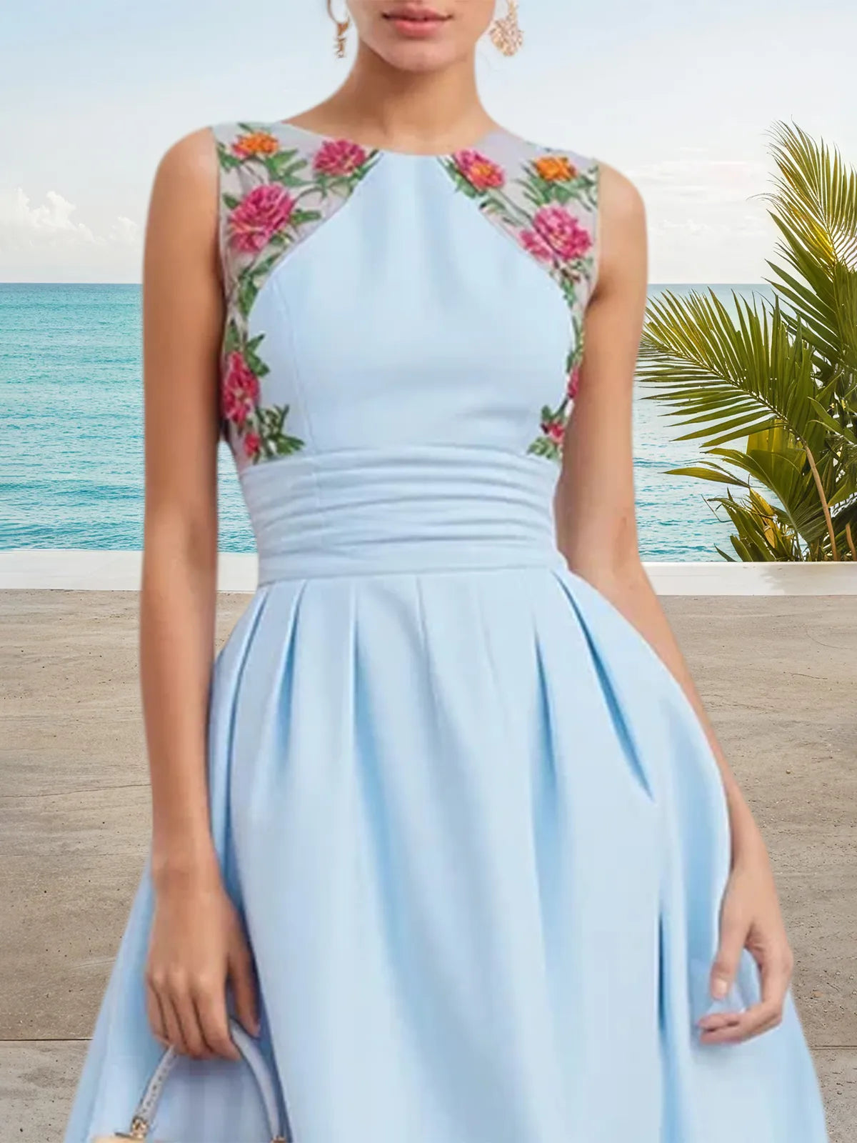 Light Blue Lace Ruched Classic Crew Neck Sleeveless A-Line Midi Dress