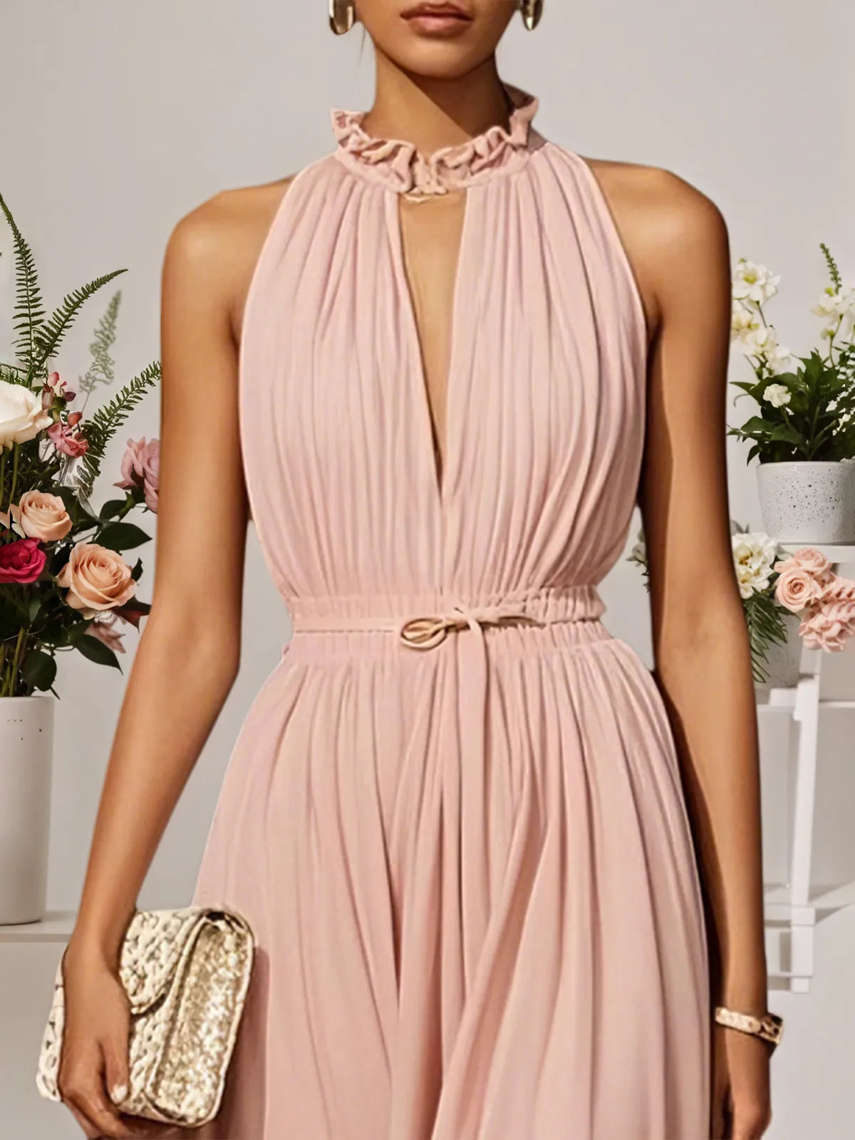 Pink Scramble Chiffon Lotus Leaf Collar Sleeveless A-Line Maxi Dress