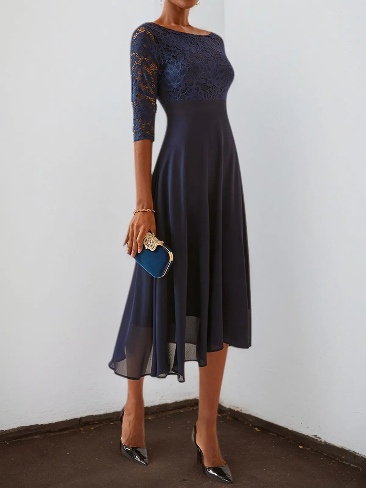 Purplish blue Lace Chiffon Crew Neck Half Sleeve A-Line Midi Dress
