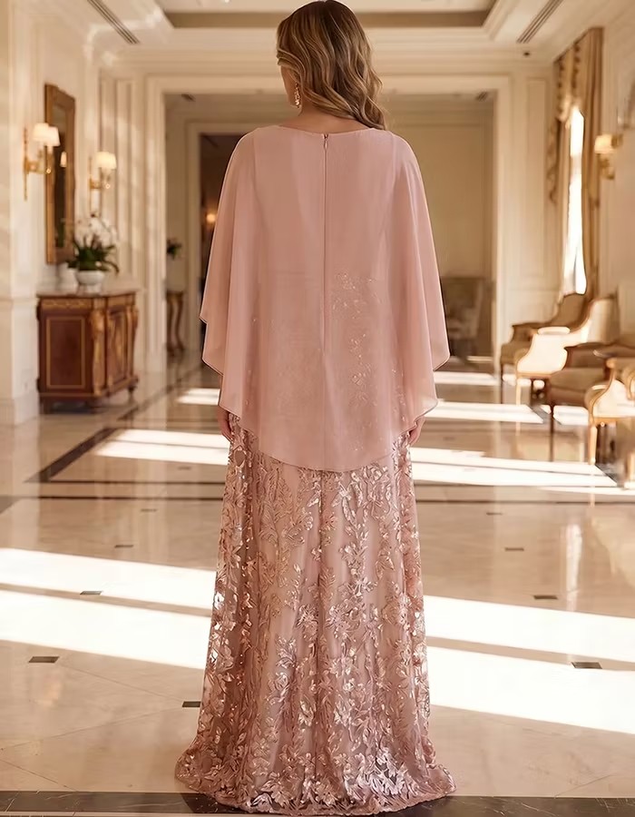 Pink Round Neck Cape Overlay Floral Sequin Lace Maxi Dress