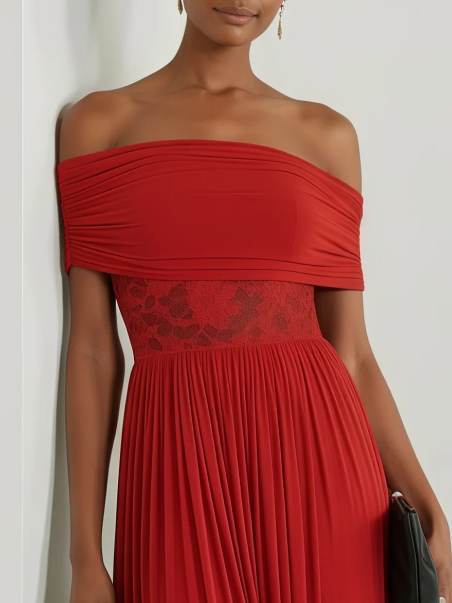 Red Pleated Knit Off The Shoulder Sleeveless A-Line Midi Dress
