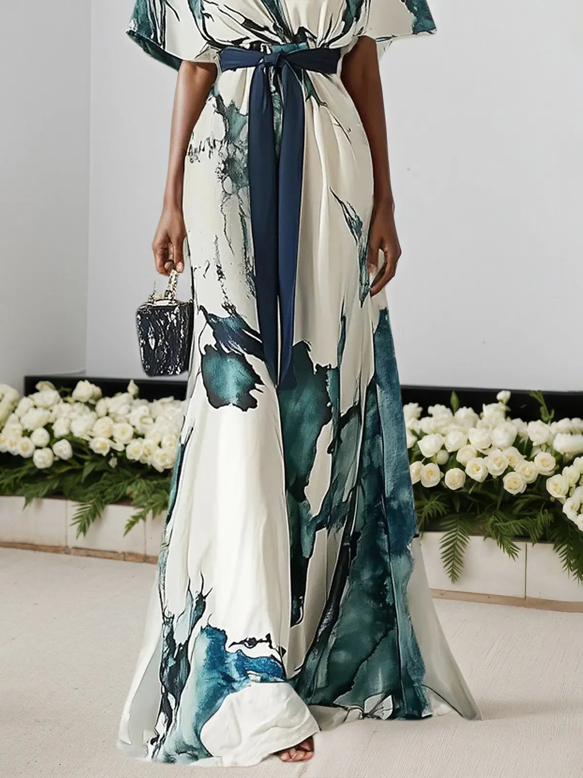 Blue Printing Chiffon V Neck Short Sleeve A-Line Maxi Dress