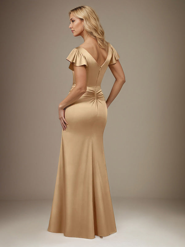 Champagne Trumpet/Mermaid Satin V Neck Short Sleeves Floor Length Dress With Slit