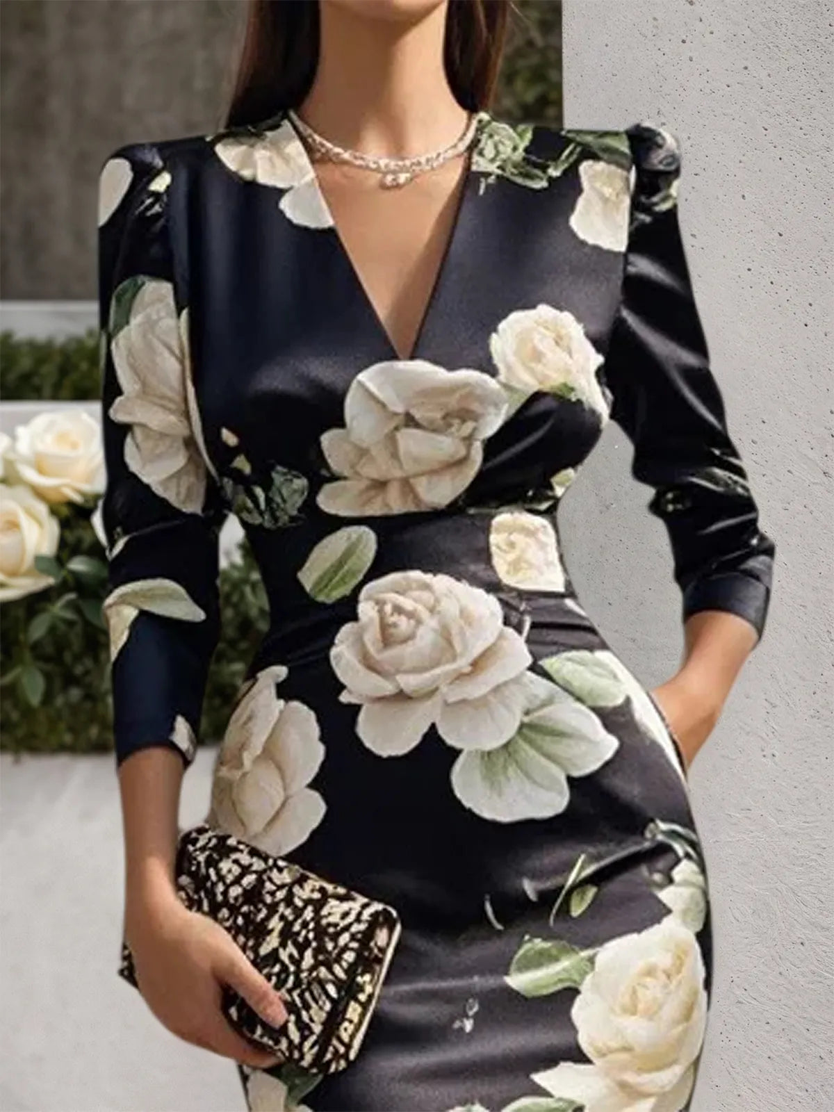 Black Floral V Neck Long Sleeve Sheath Midi Satin Dress