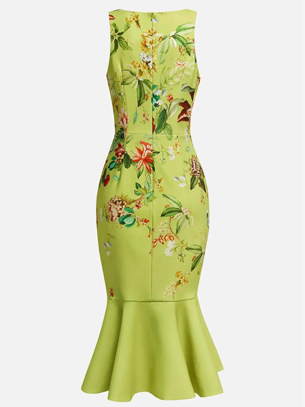 Green Floral Boat Neck Sleeveless Mermaid Midi Dress