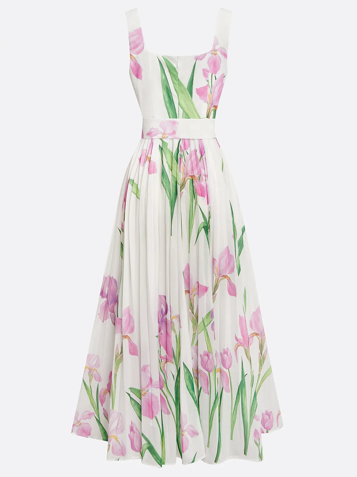 White Pleated Floral Chiffon Square Neck Sleeveless A-Line Maxi Dress
