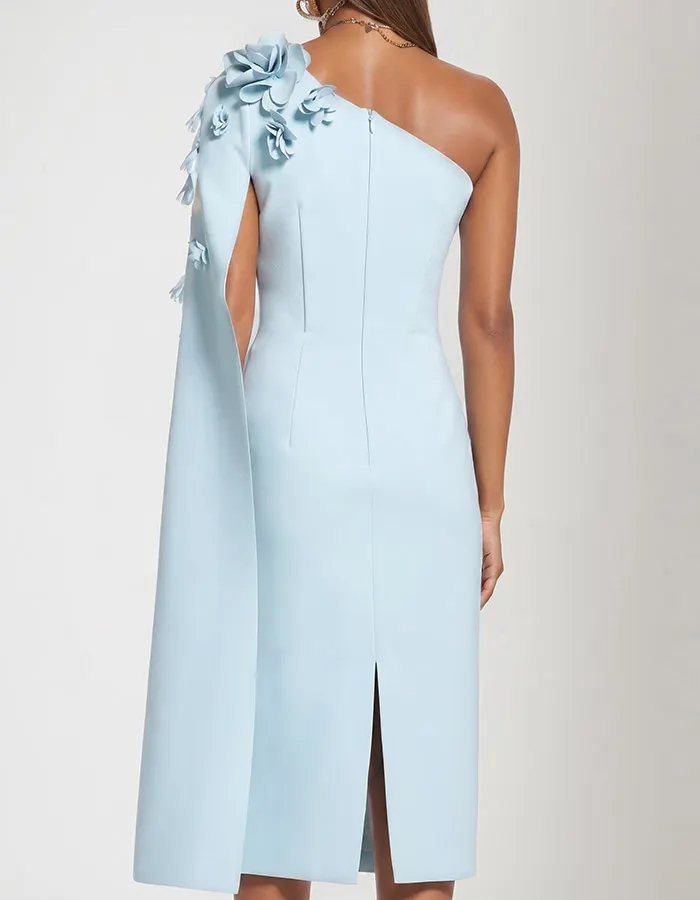 Light Blue One-Shoulder Floral Appliqué Cape Sleeve Midi Dress