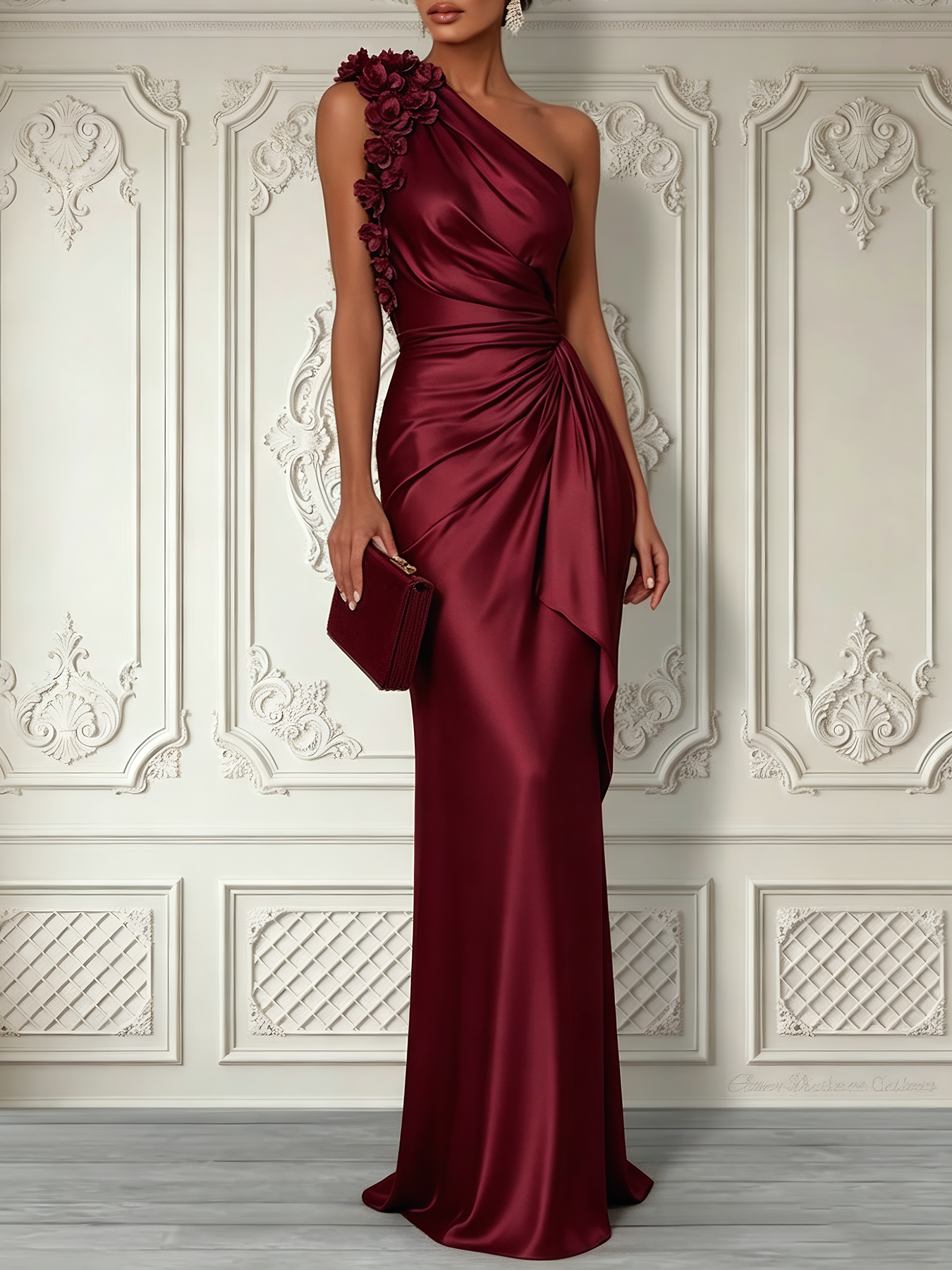 Purplish Blue 3D Floral Ruched Satin One Shoulder Sleeveless Sheath Floor-length Gown Dress