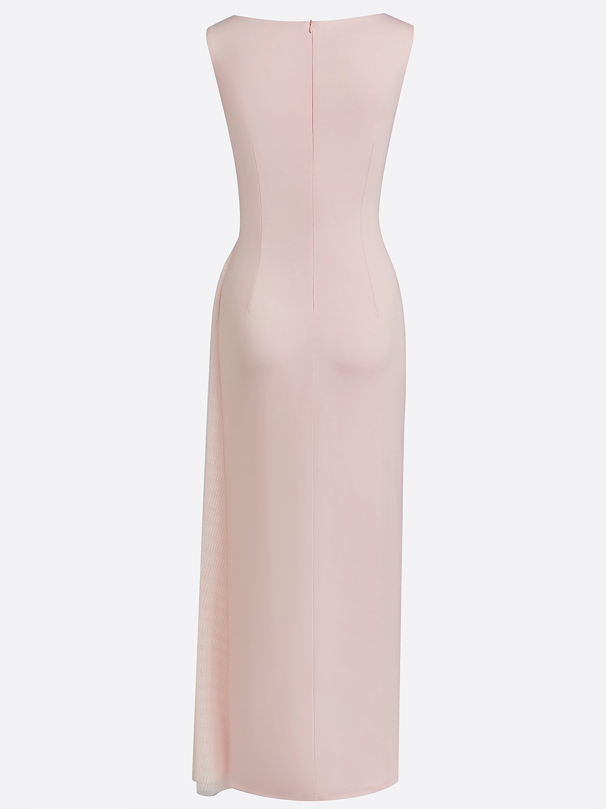 Blush Pink Sheath Maxi Ruched Sleeveless Knit and Mesh Bridesmaid Dress