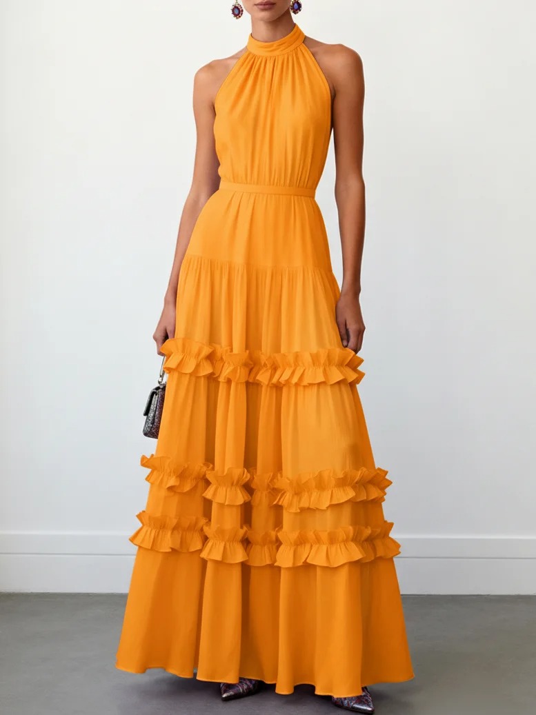 Orange Ruffled Chiffon Halter Sleeveless A-Line Maxi Dress
