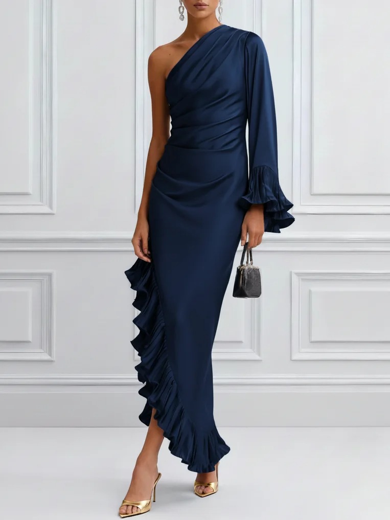 Navy Blue Pleated Ruffled Satin One Shoulder Long Sleeve Bell Sleeve Sheath Maxi Dress