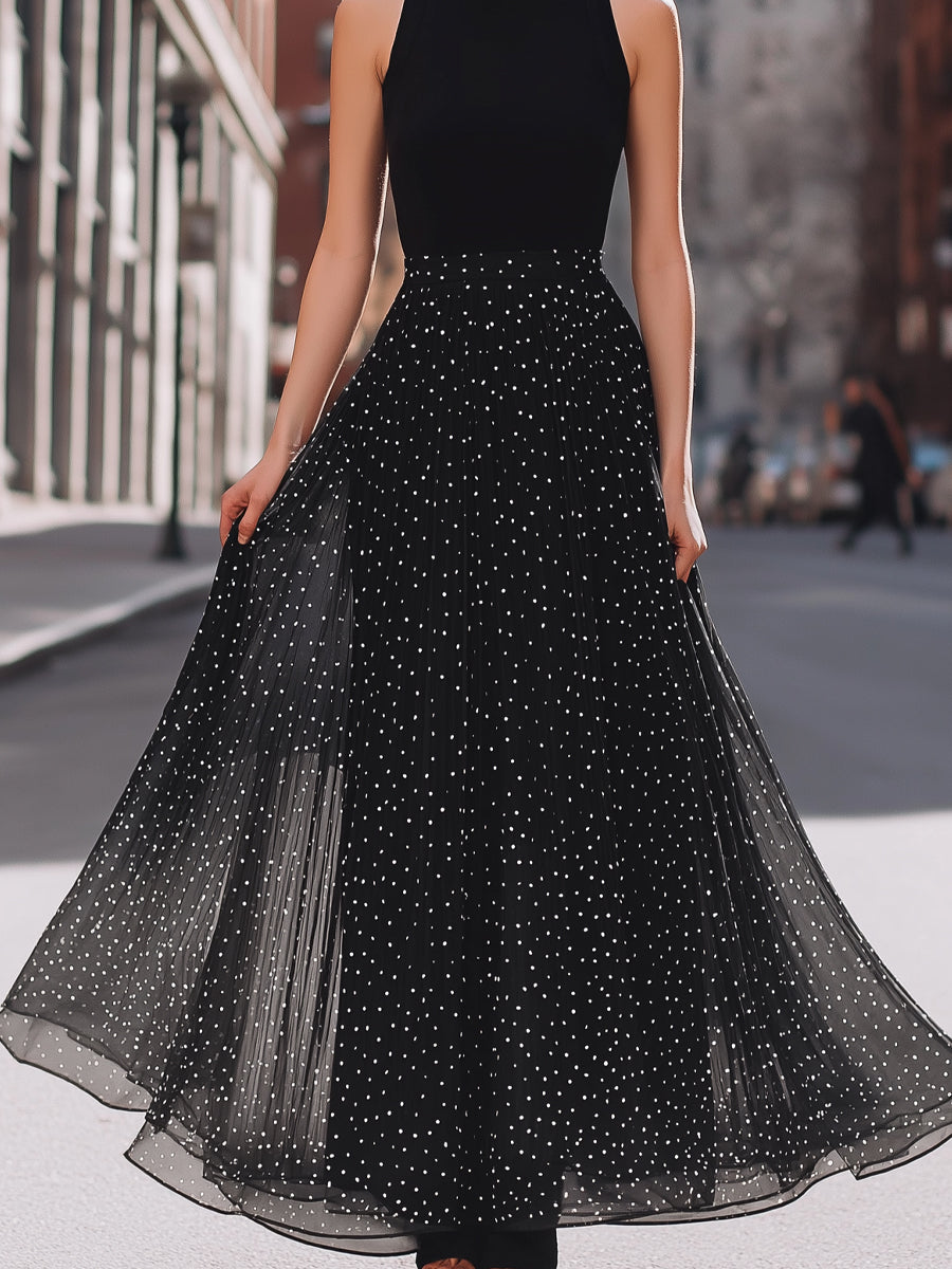 Black Sleeveless High-Neck Polka Dot Chiffon Maxi Dress
