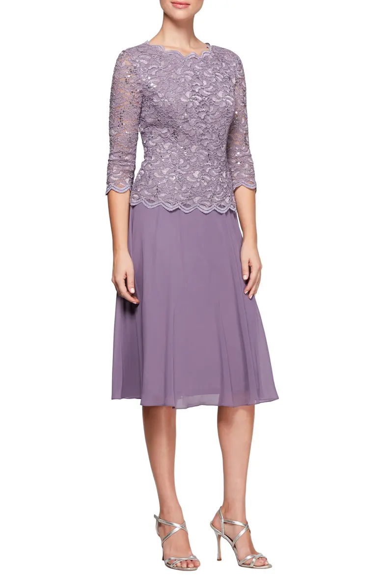 Classic Sequined Lace and Chiffon Two-Piece Knee-Length Dress Set