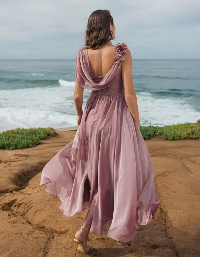 Asymmetrical Draped Chiffon Midi Dress