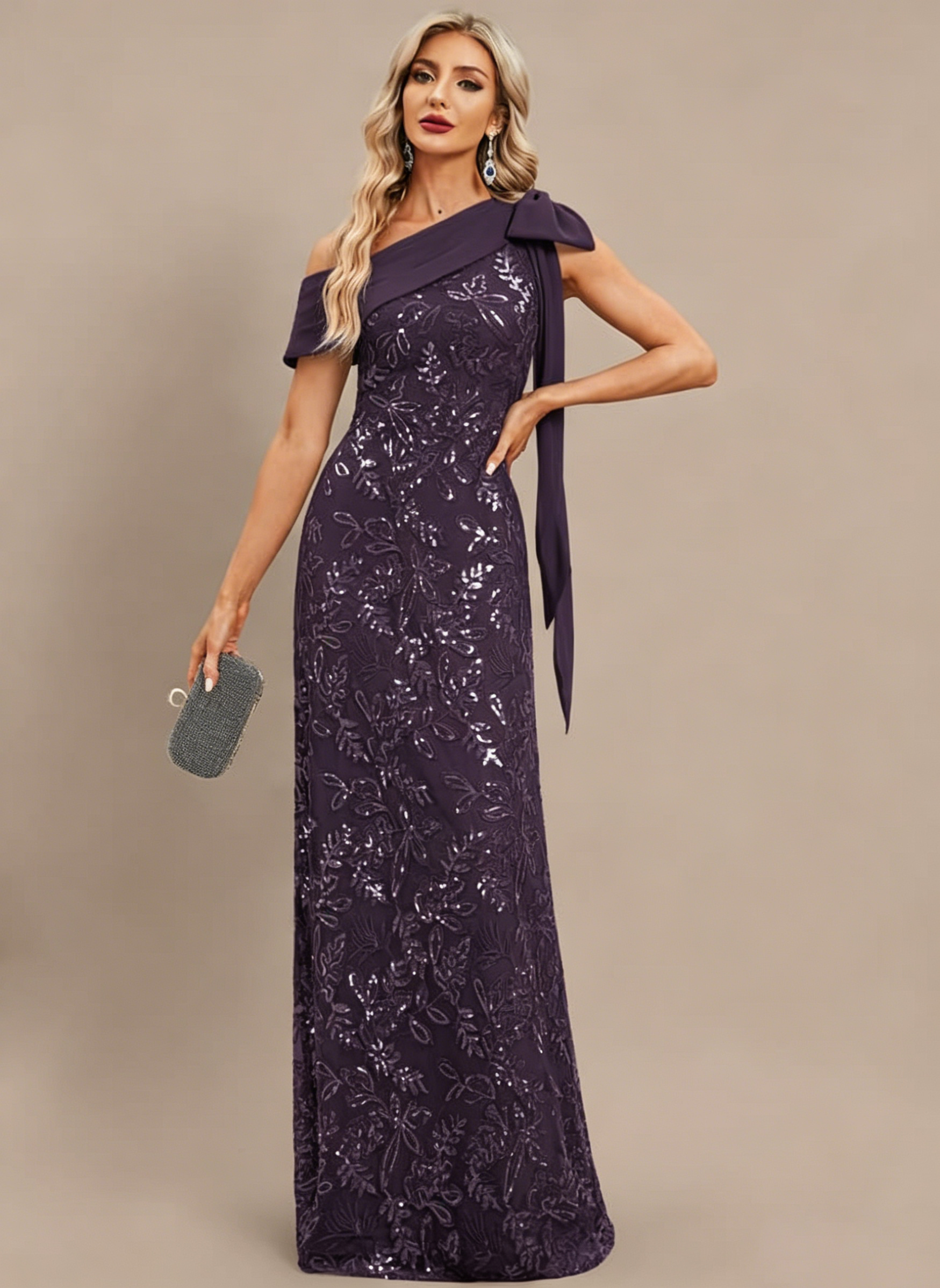 Plum Sheath/Column One Shoulder Pleated Lace Dress