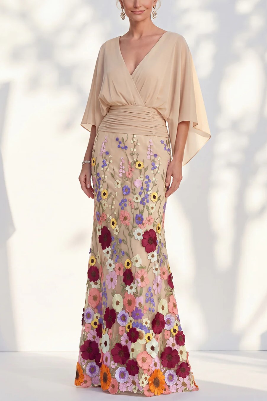 V Neck Cape Sleeve 3D Floral Embellished Mermaid Dress