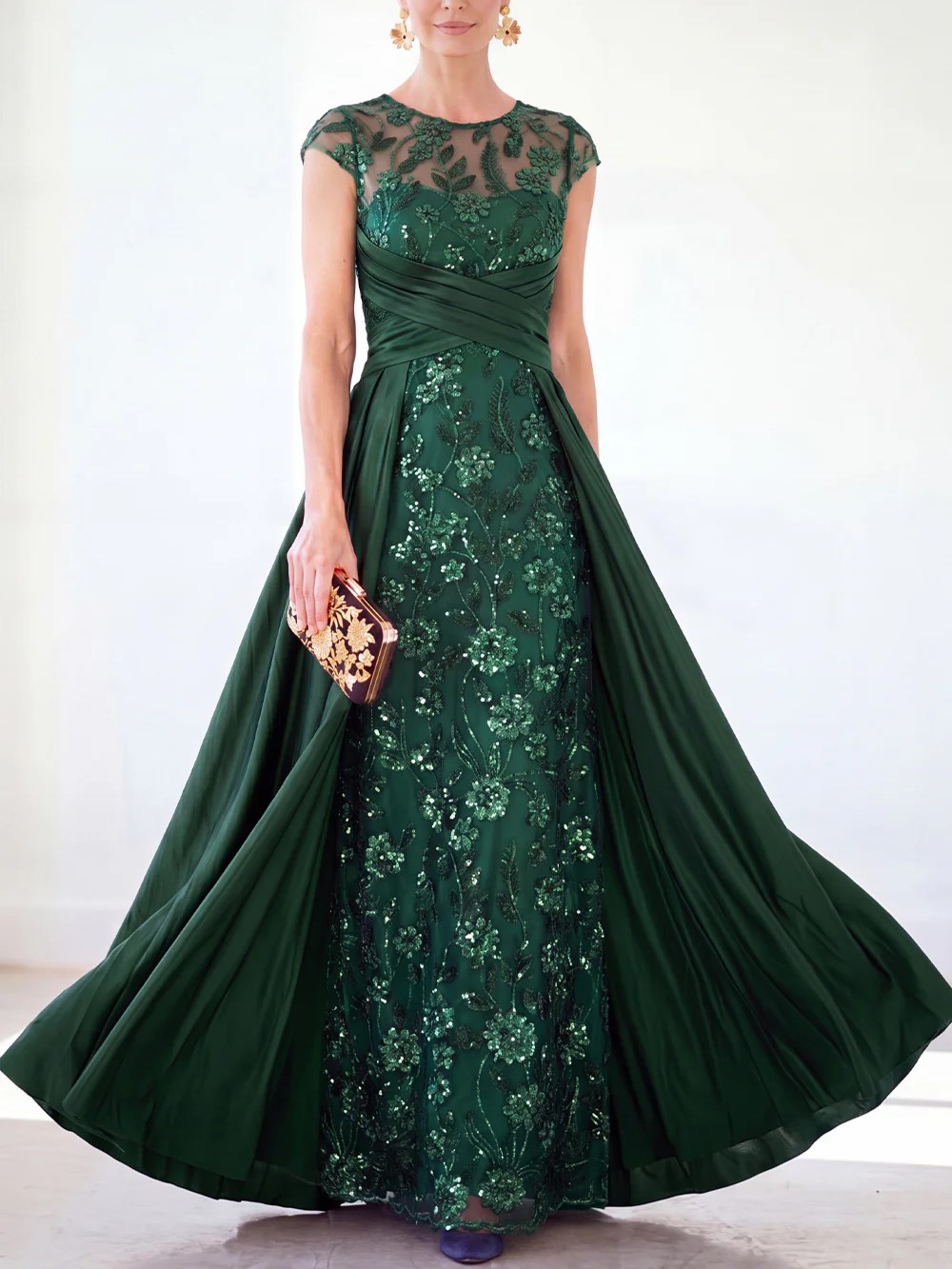 Sparkly Floral Dark Green Ruched Beaded Sheath Maxi Dress