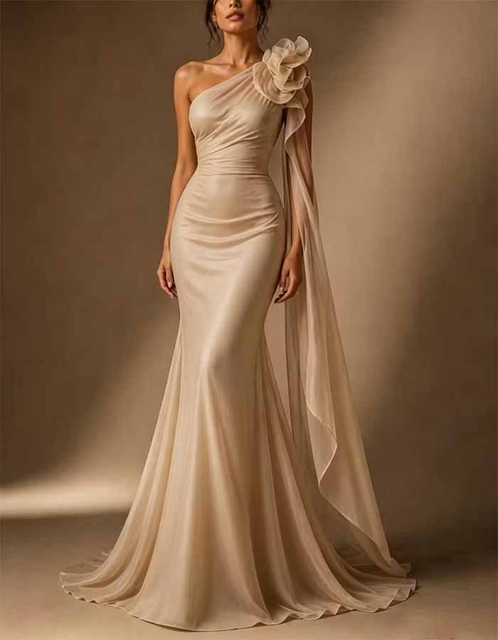 Champagne Colored Satin Chiffon 3D Floral Pattern Maxi Dress