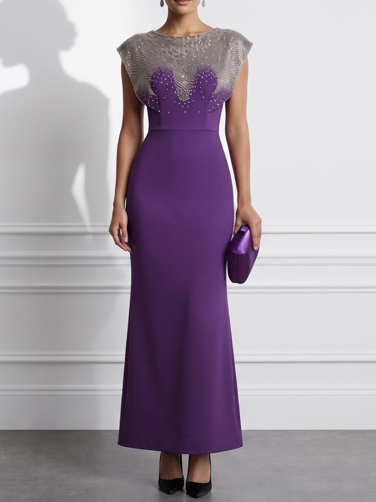 Round Cap Sleeve Purple Midi Mermaid Evening Dress with Gradient Rhinestone Embellished Bodice