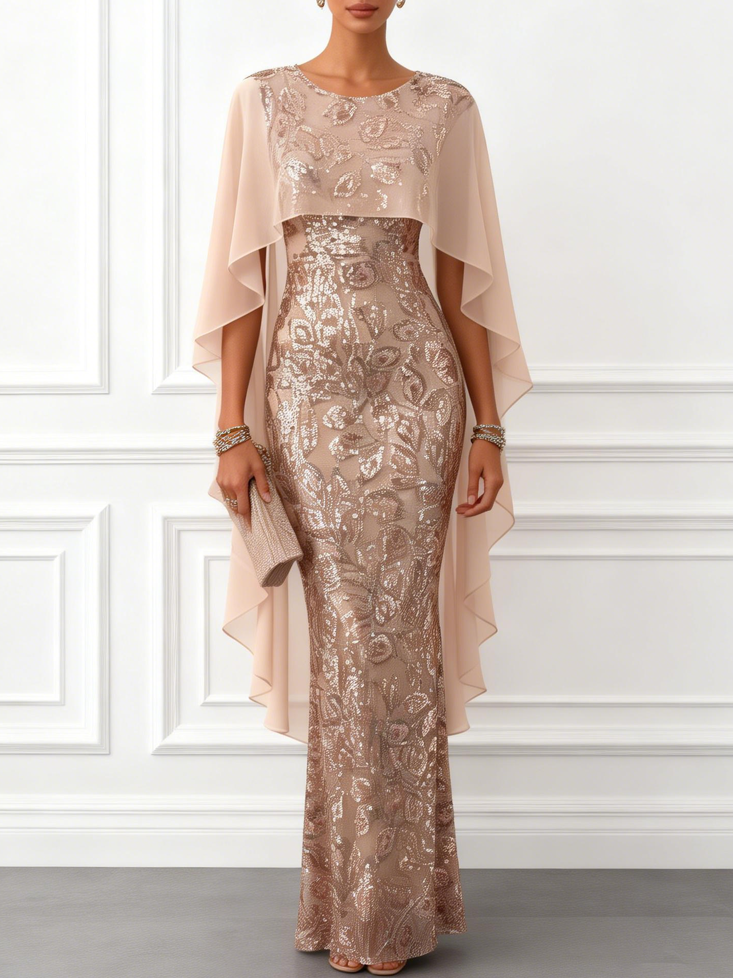 Champagne Glitter Sequin Crew Neck Cap Sleeve Sheath Maxi Dress