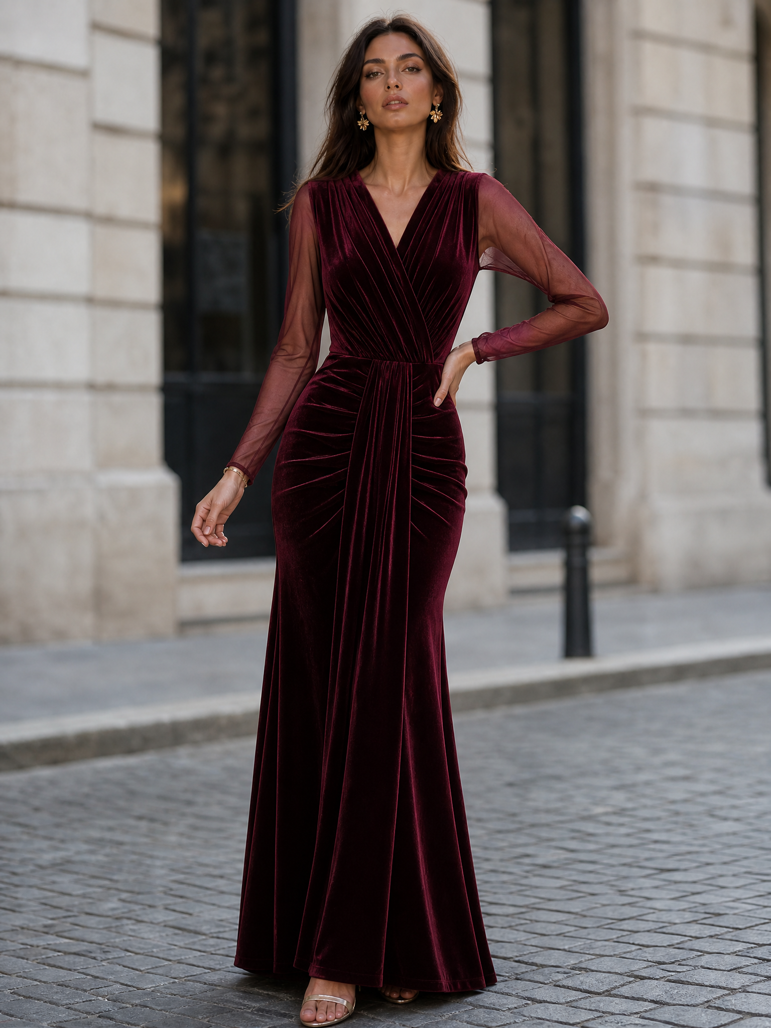 Burgundy Velvet Mesh Sleeve Wrap Ruched Mermaid Maxi Dress