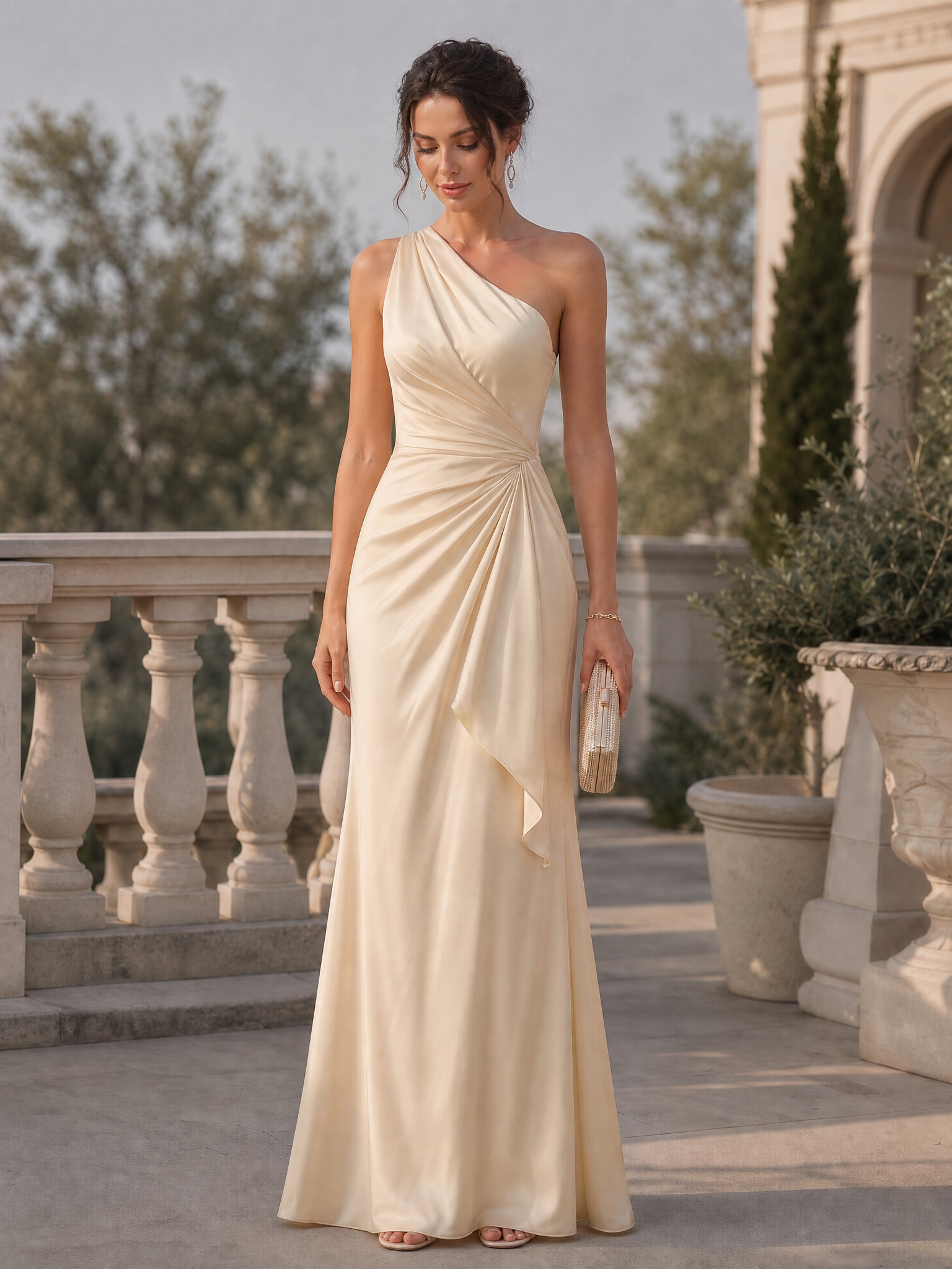 Champagne One Shoulder Draped Ruched Mermaid Maxi Dress