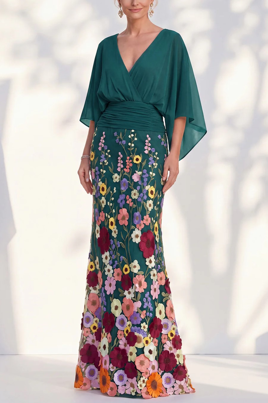 V Neck Cape Sleeve 3D Floral Embellished Mermaid Dress