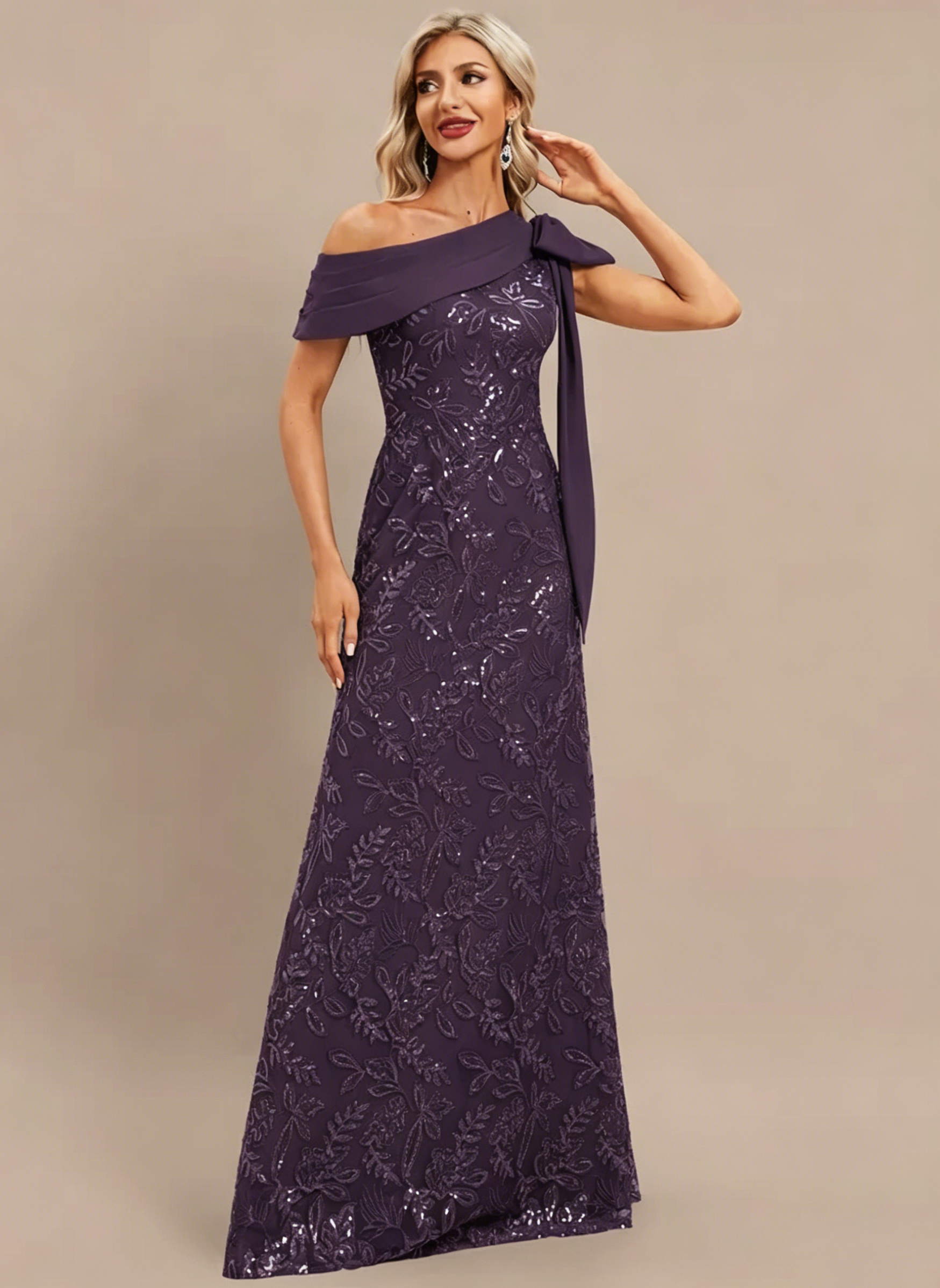 Plum Sheath/Column One Shoulder Pleated Lace Dress
