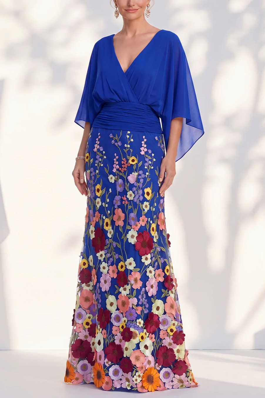 V Neck Cape Sleeve 3D Floral Embellished Mermaid Dress