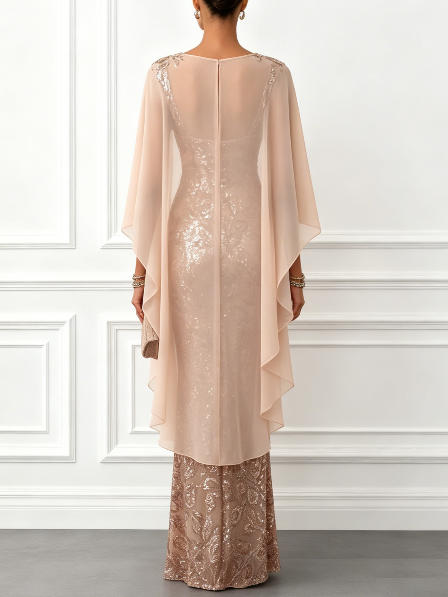 Champagne Glitter Sequin Crew Neck Cap Sleeve Sheath Maxi Dress