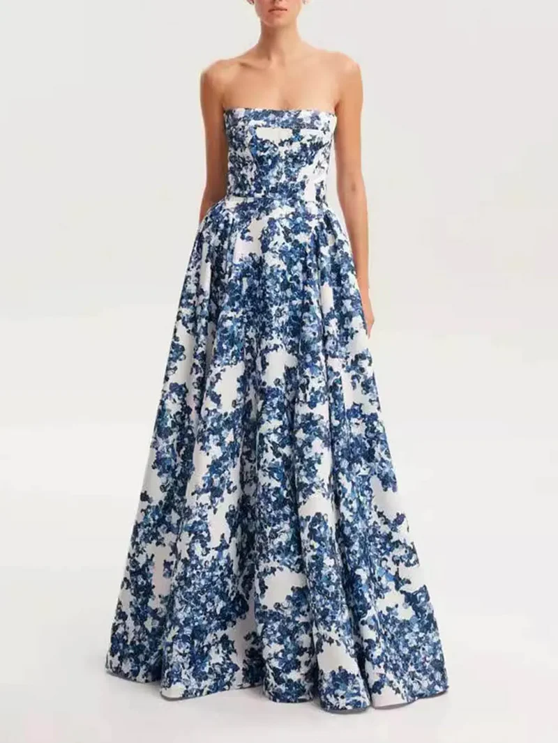 Formal Blue Floral Strapless Gown for Galas & Weddings
