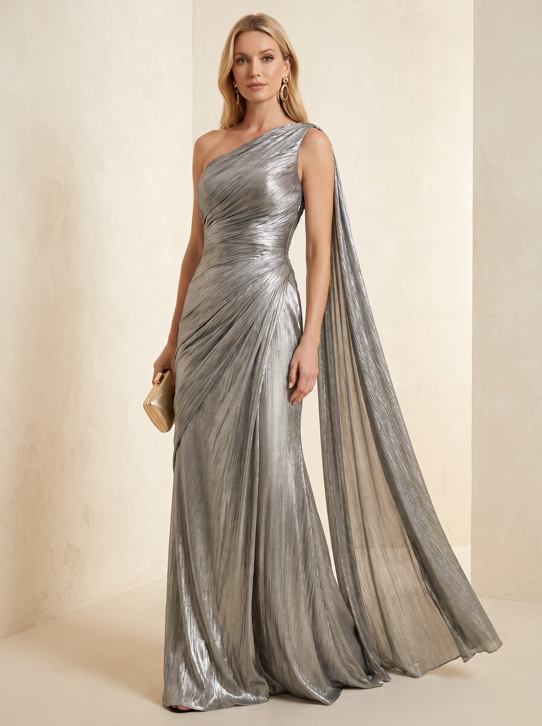 Silver One-Shoulder Draped Cape Metallic Mermaid Maxi Dress