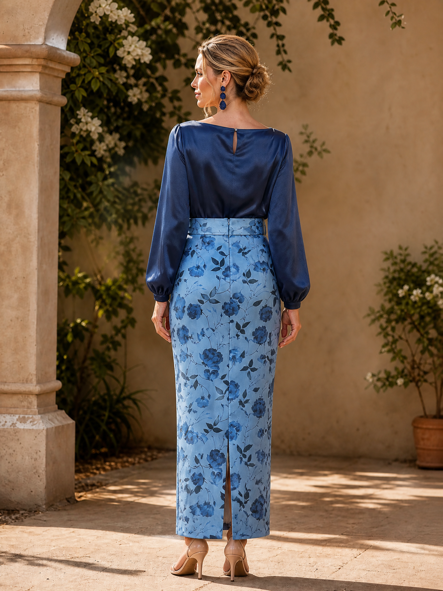 Navy Blue Satin Floral Midi-Split Two-Piece Ensemble Sheath Gown Dress