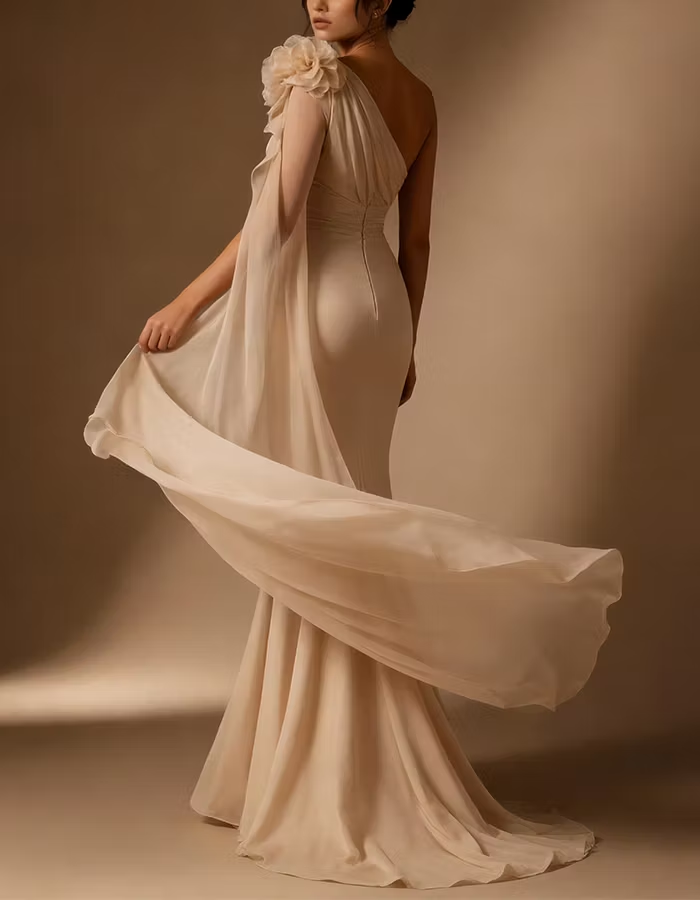 Champagne Colored Satin Chiffon 3D Floral Pattern Maxi Dress