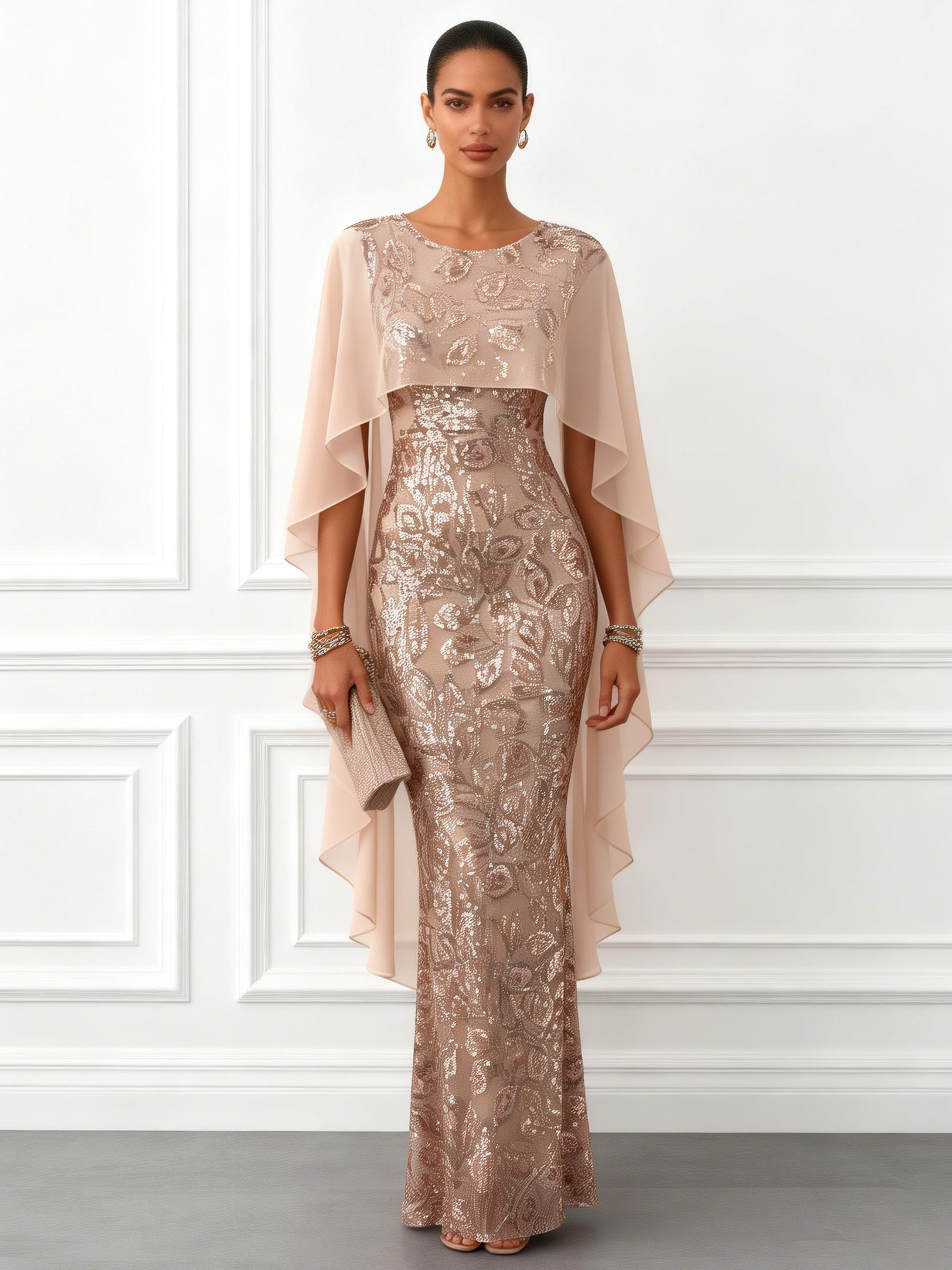 Champagne Glitter Sequin Crew Neck Cap Sleeve Sheath Maxi Dress