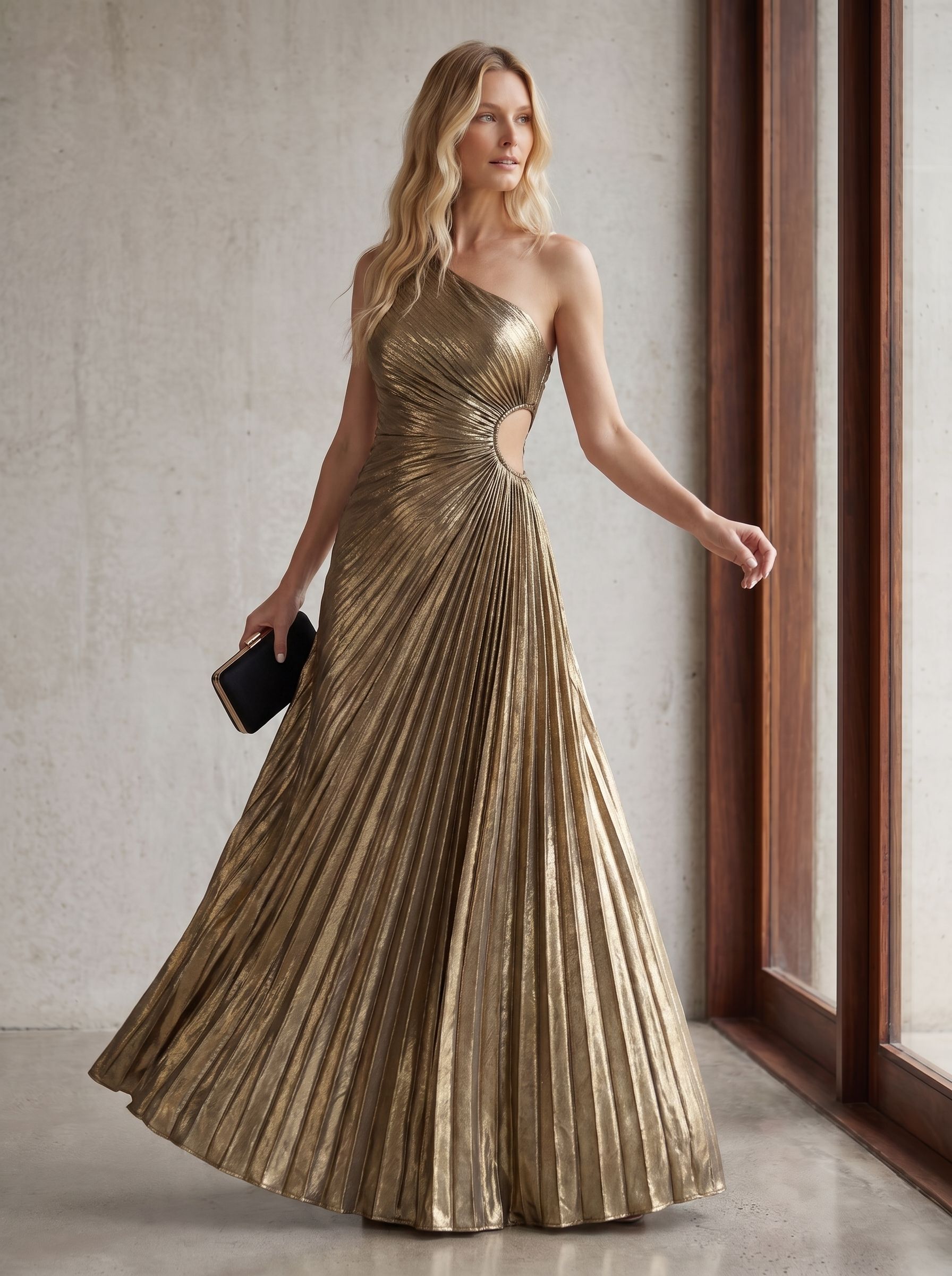 Gold One-Shoulder Cutout Metallic Pleated Maxi Dress