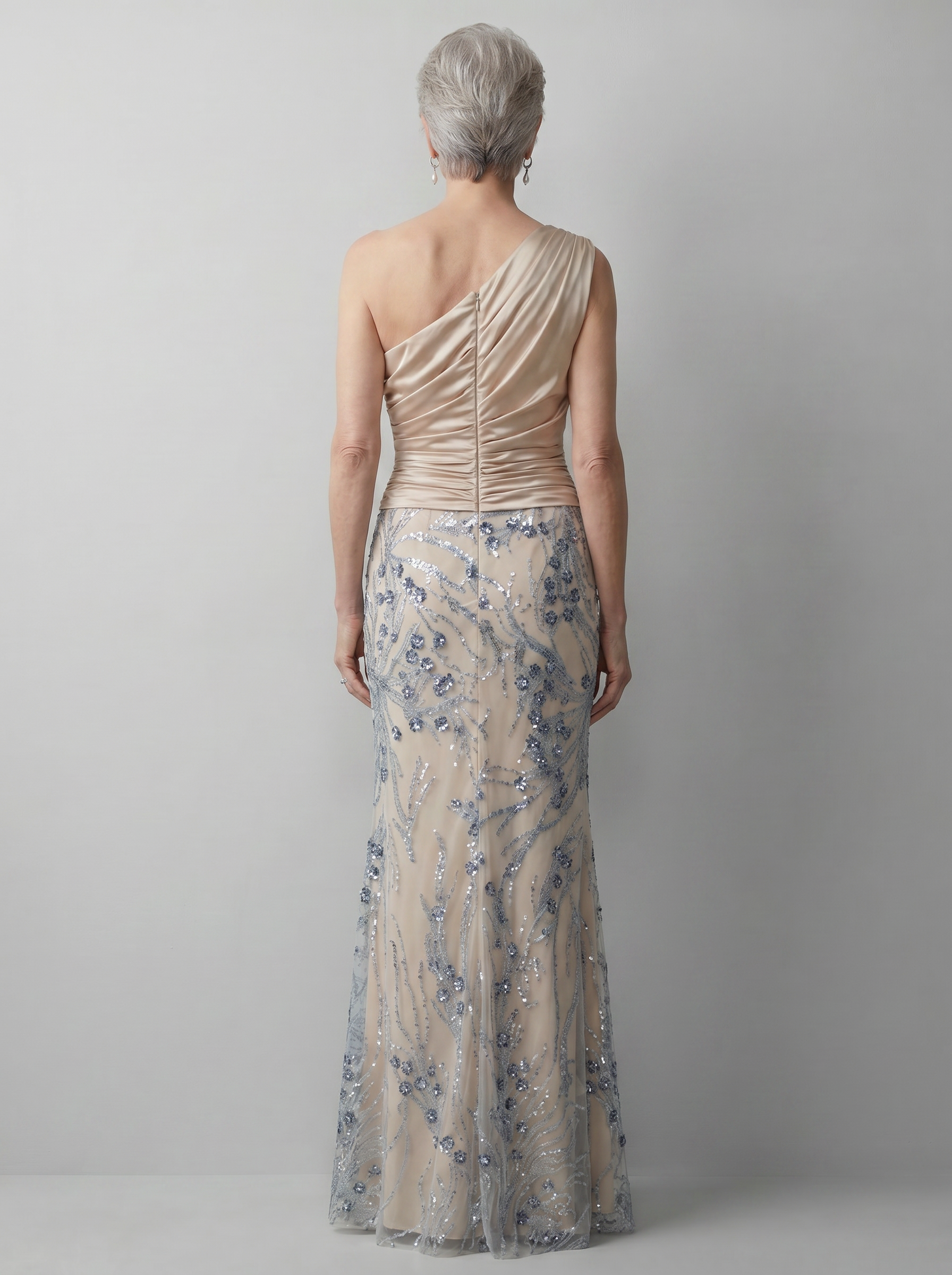Champagne One-Shoulder Satin & Sequin Embellished Mermaid Gown