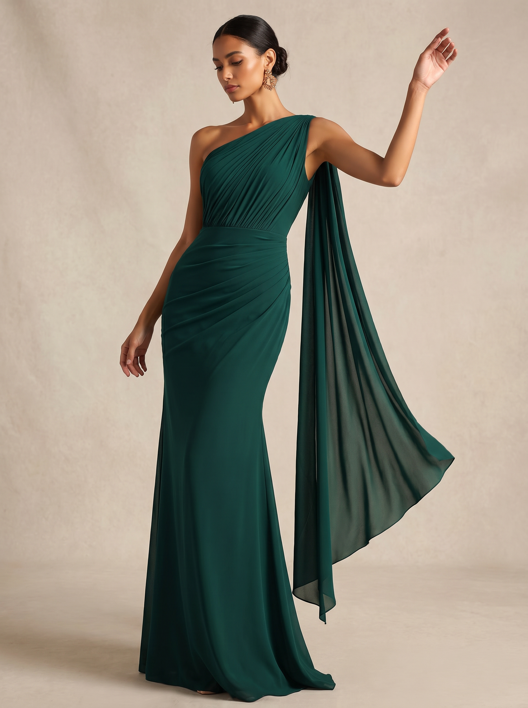 Emerald Green One-Shoulder Cape Sleeve Ruched Mermaid Gown