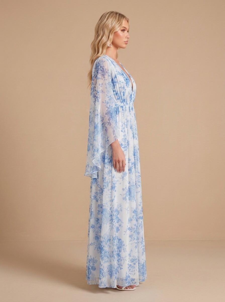Blue & White Floral Print Deep V-Neck Bell Sleeve Chiffon Maxi Dress