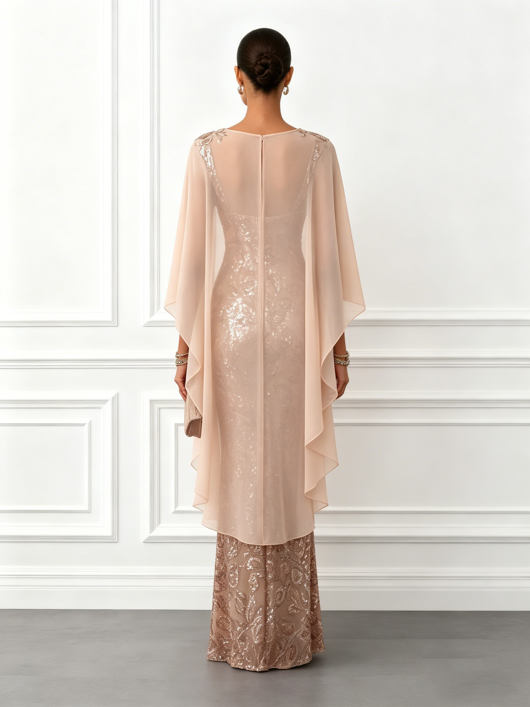 Champagne Glitter Sequin Crew Neck Cap Sleeve Sheath Maxi Dress