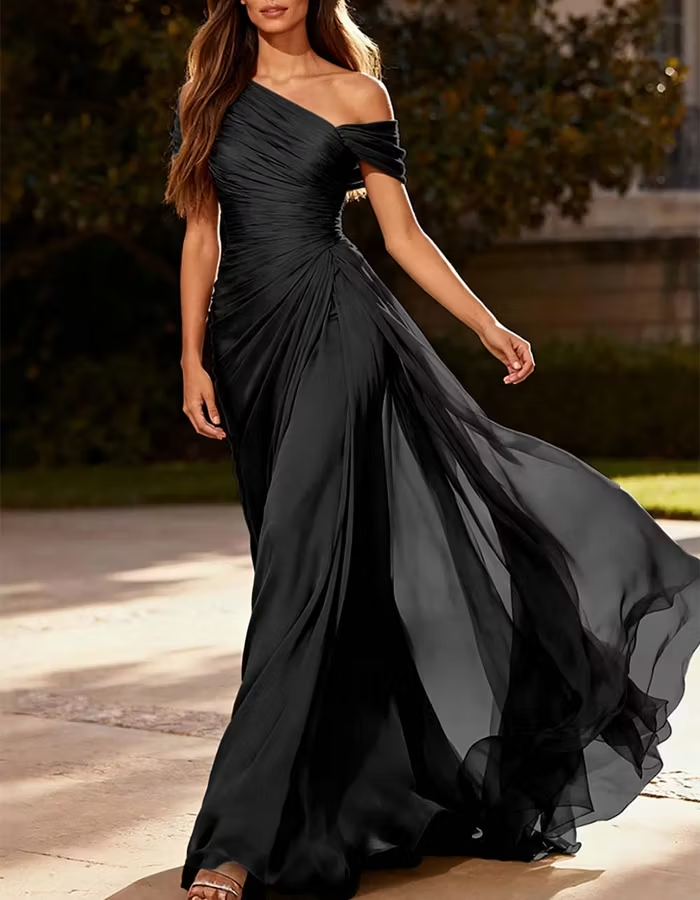 One-Shoulder Pleated Chiffon Maxi Dress